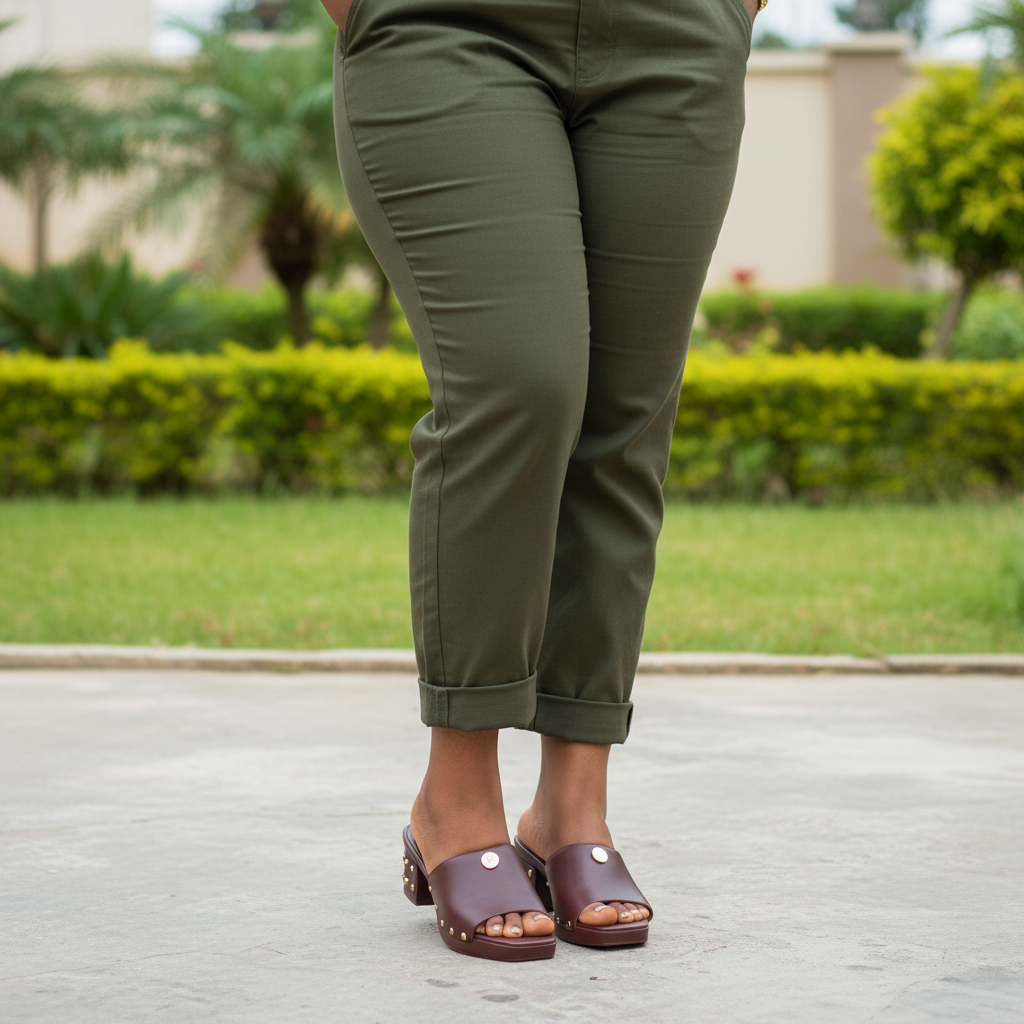 Plus-size Nigerian female model wearing burgundy studded block heel mule — leg focus