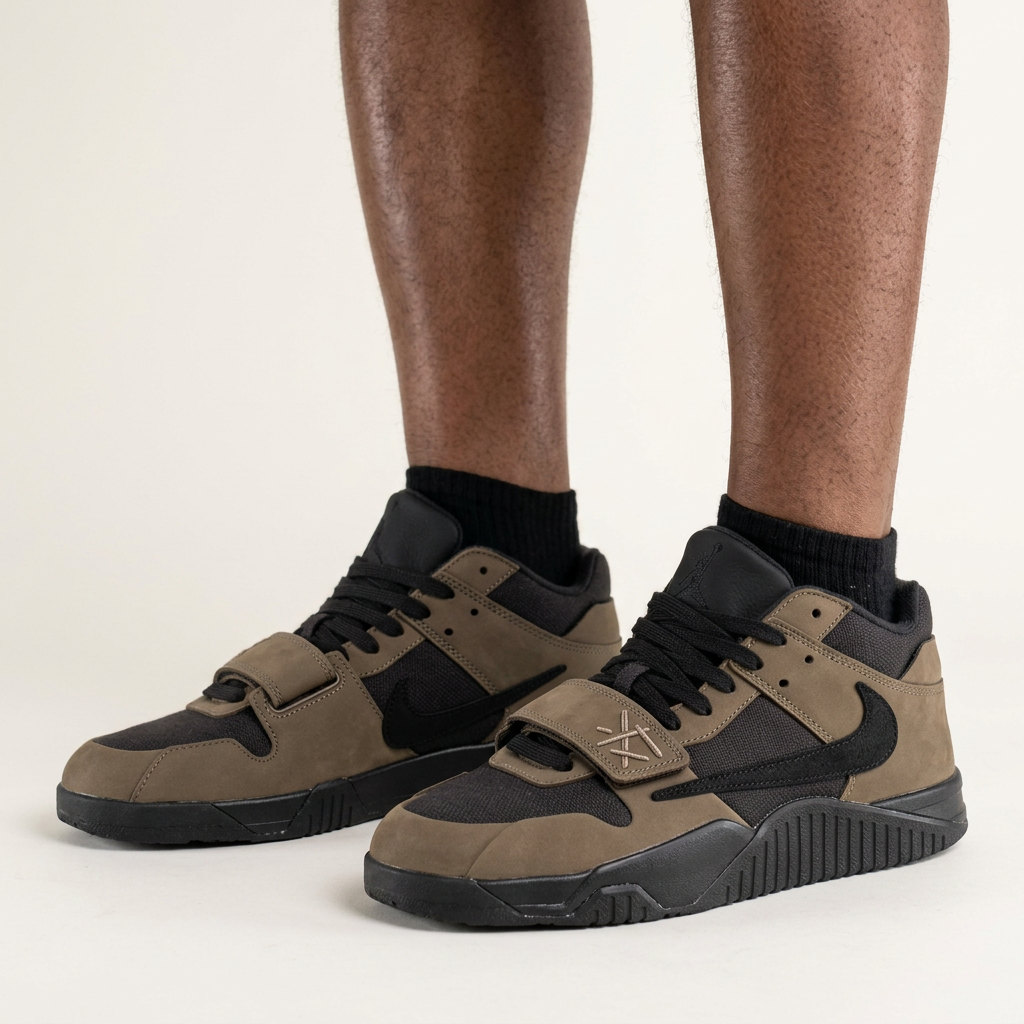 Taupe and black strap sneakers worn by a Black male model, both lower legs and feet visible