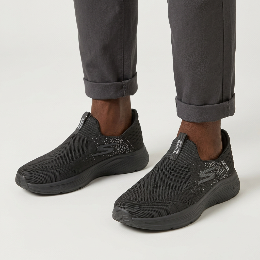 AI-generated both-legs model view wearing charcoal grey mesh slip-on sneakers