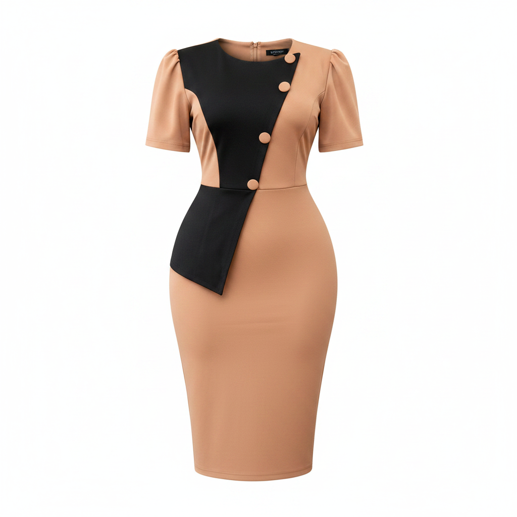 Ghost mannequin view of women's camel and black asymmetric panel bodycon midi dress