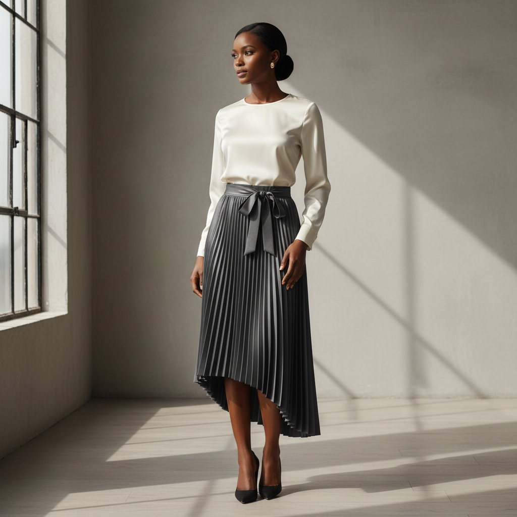 Nigerian model wearing grey asymmetric bow pleated skirt
