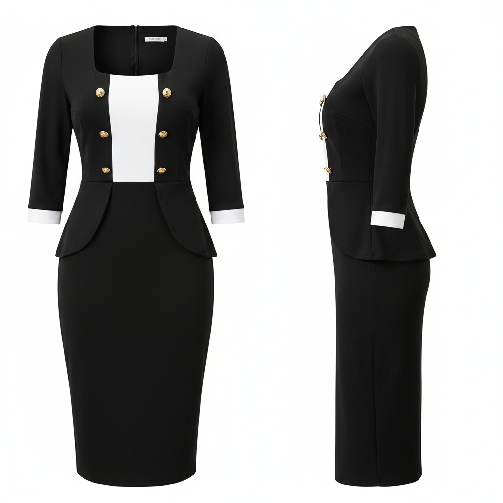 Women's Black & White Faux Blazer Double Button Midi Dress – Ghost Mannequin Front and Side View