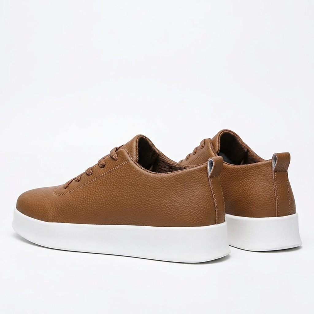 Pair of tan textured white-sole sneakers on a white background