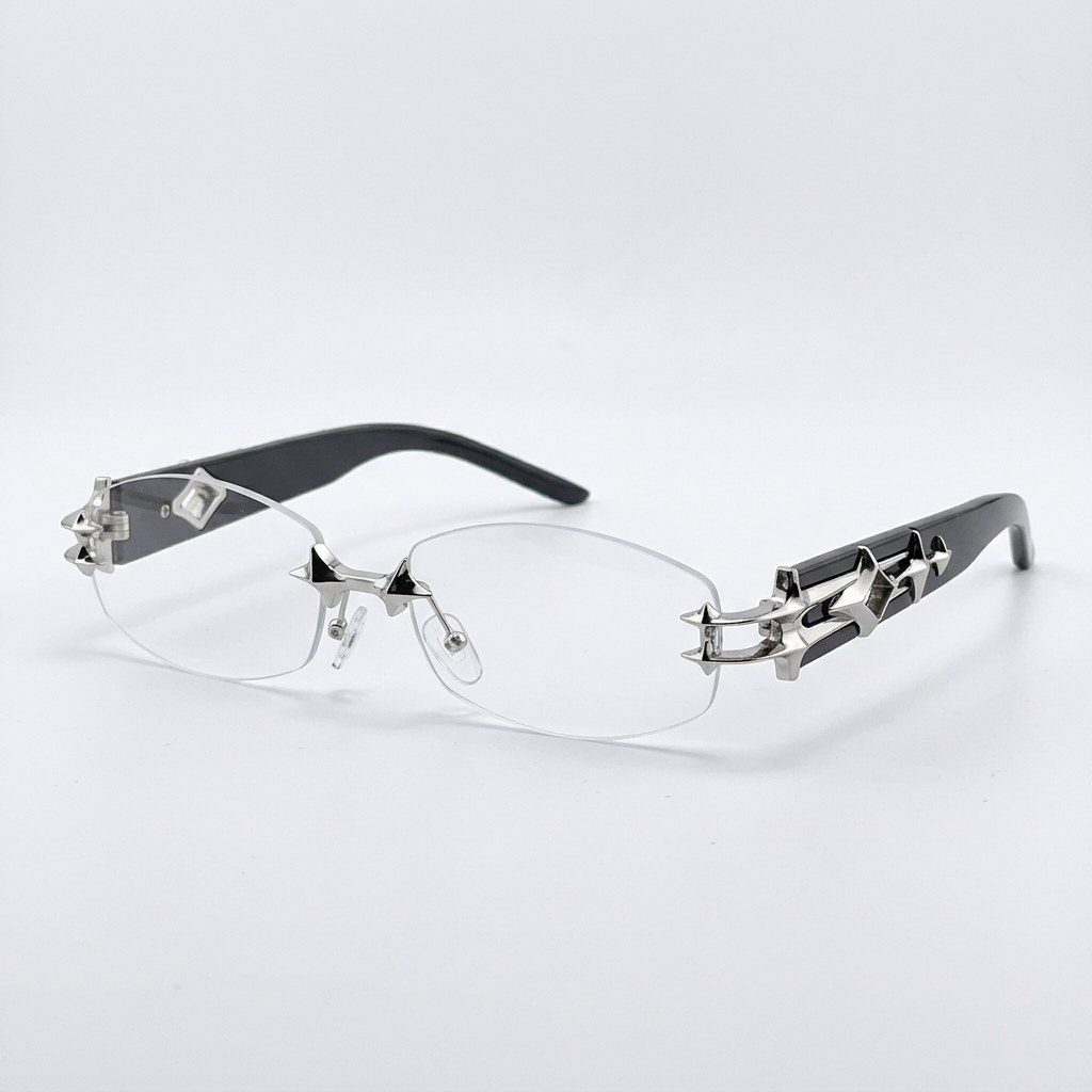 Rimless clear-lens eyeglasses with dark arms and silver-tone star detailing