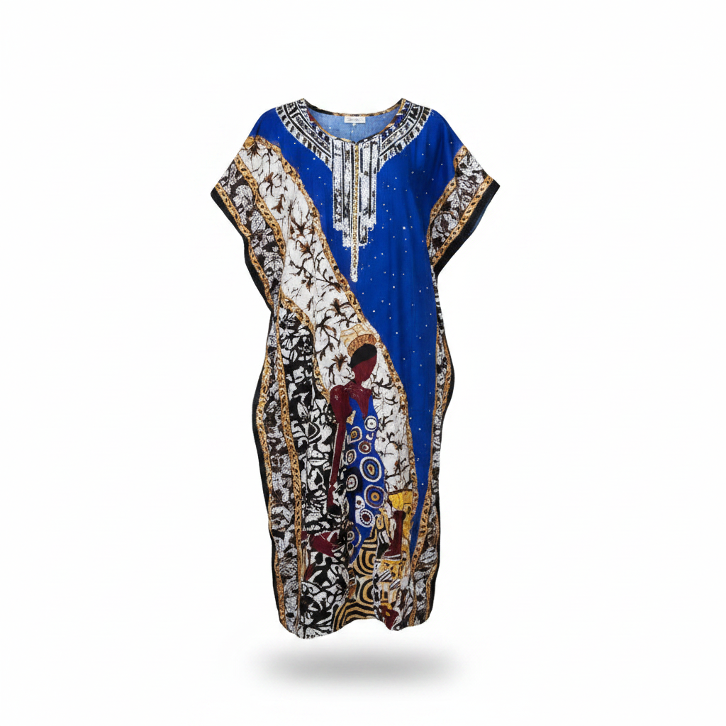 Ghost mannequin view of women's multicolour bubu dress with royal blue center panel and beaded embroidered neckline