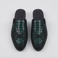 Men's green snake-textured backless mules with heel, front view