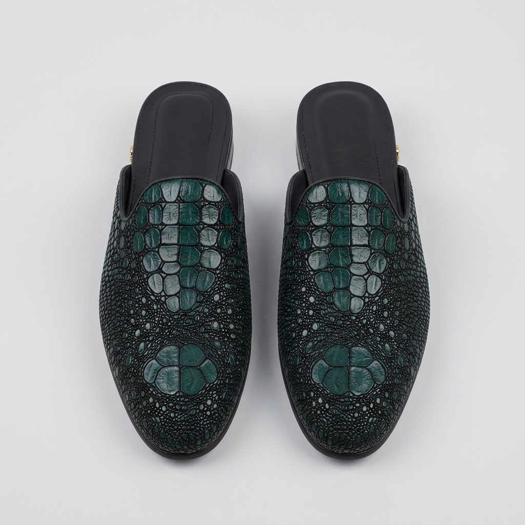 Men's green snake-textured backless mules with heel, front view