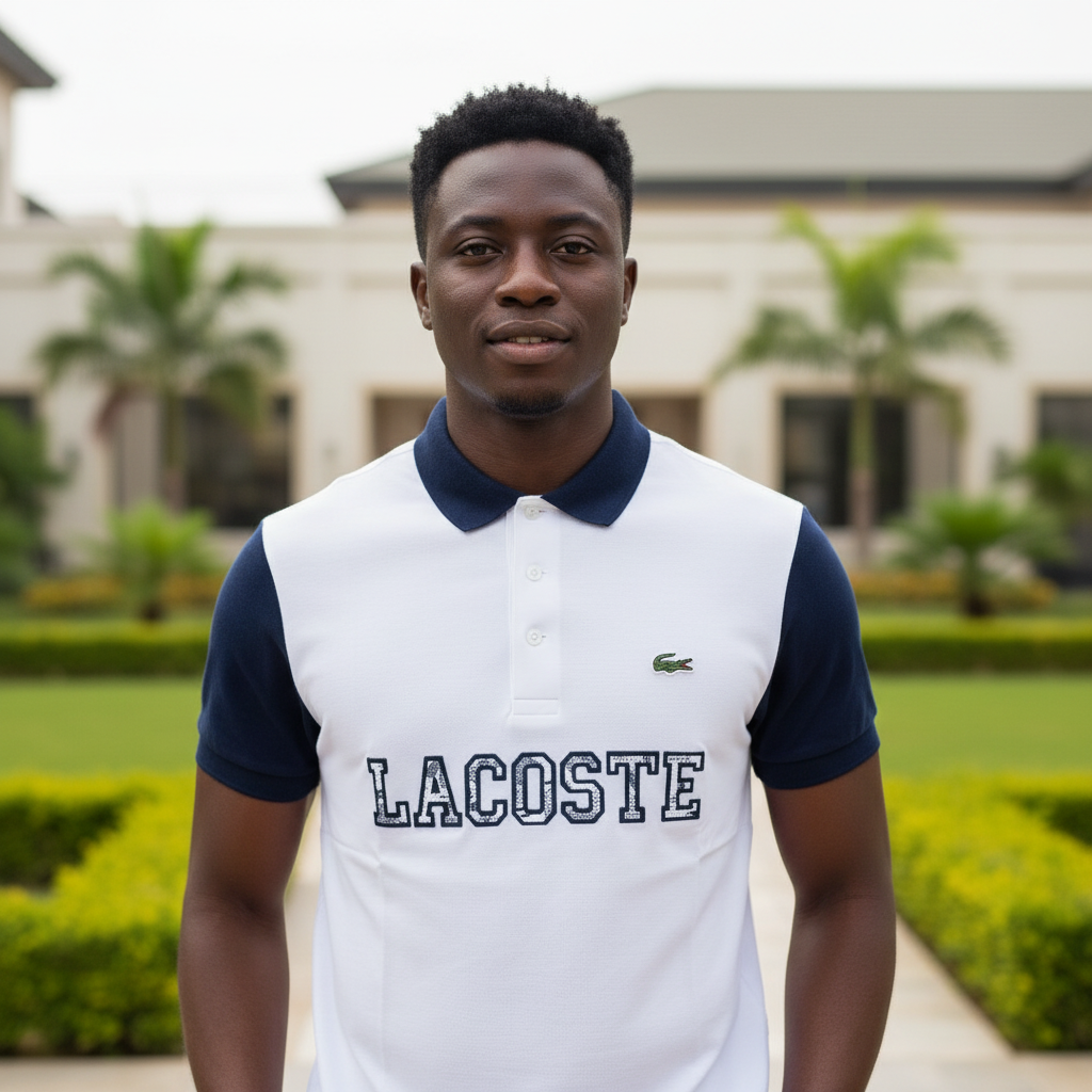 Nigerian male model wearing white and navy two-tone polo shirt in garden setting