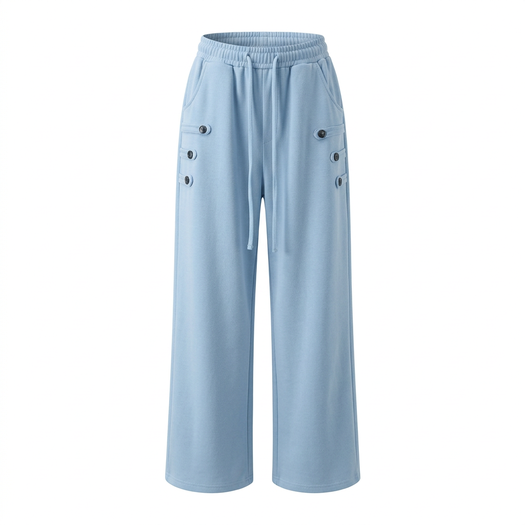 Powder-blue button-tab wide-leg drawstring trousers in ghost mannequin view on white