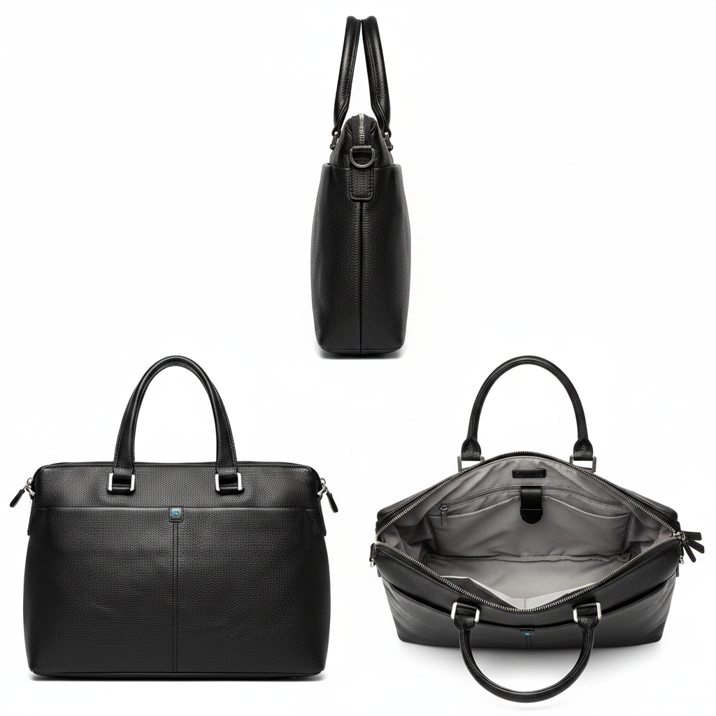 Sobar black pebbled leather laptop tote ghost mannequin front side and interior view