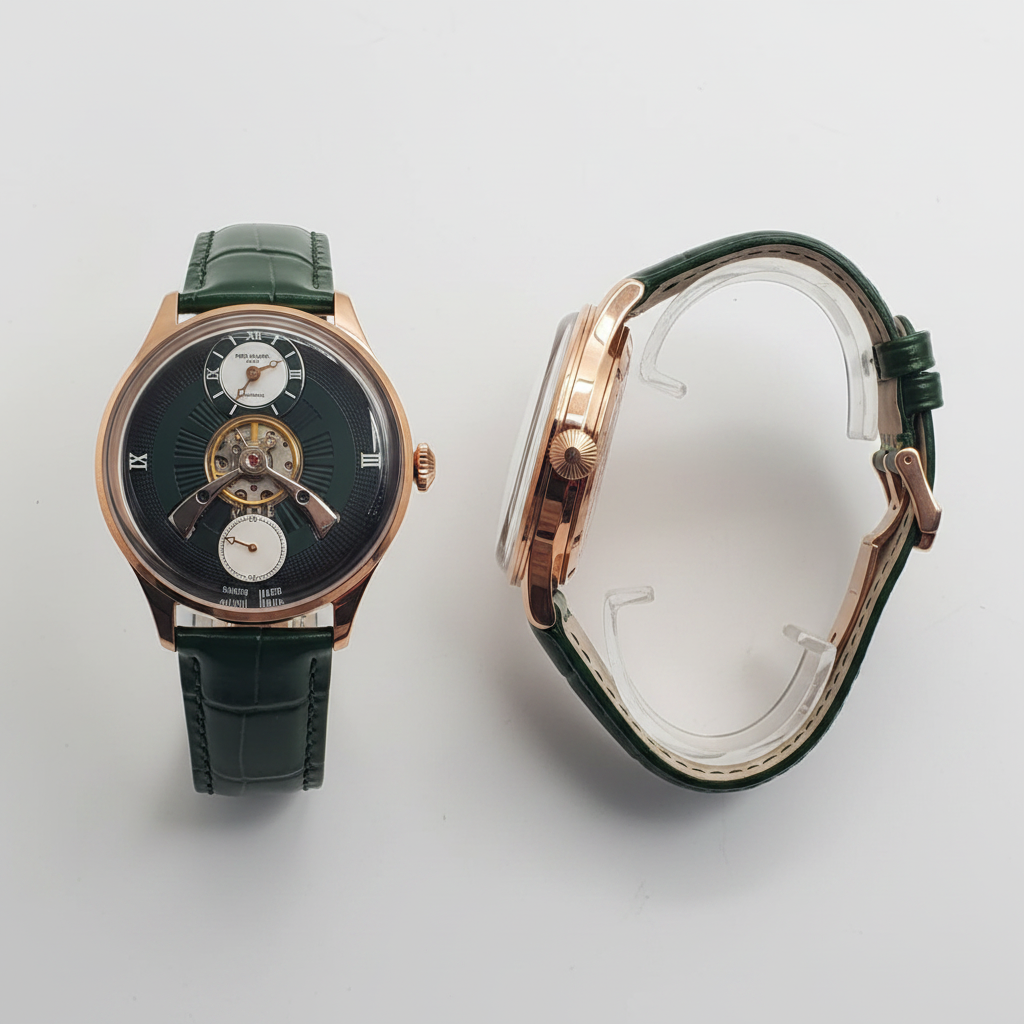 Men's Green Dial Rose Gold Tourbillon Automatic Watch – Front and Side Ghost Mannequin View