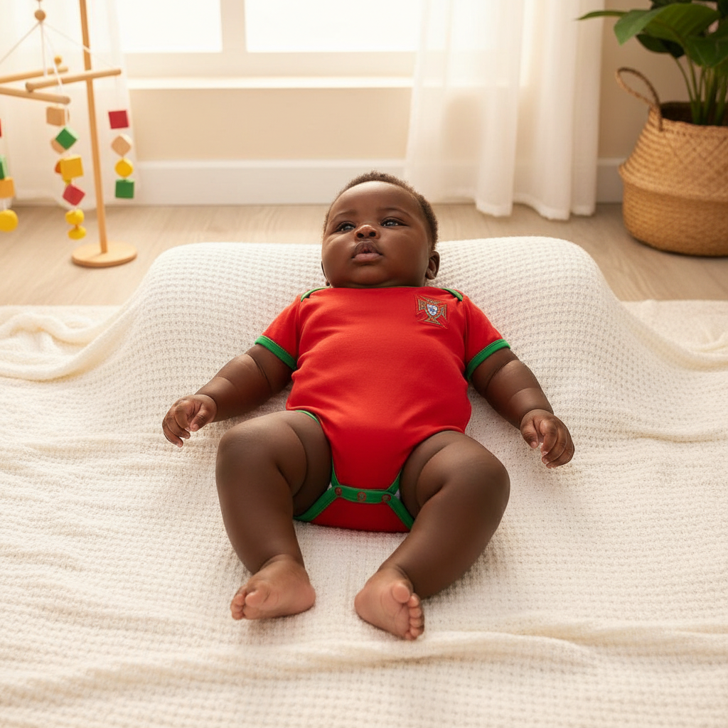 Nigerian baby wearing red & green football romper bodysuit lifestyle shot