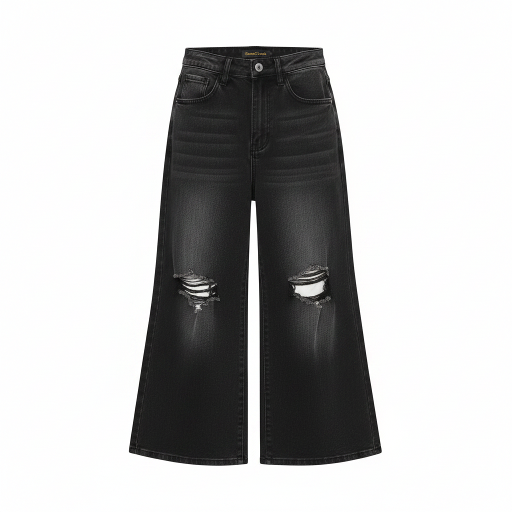 Black Distressed Wide-Leg 3/4 Denim Trousers - Ghost Mannequin Front