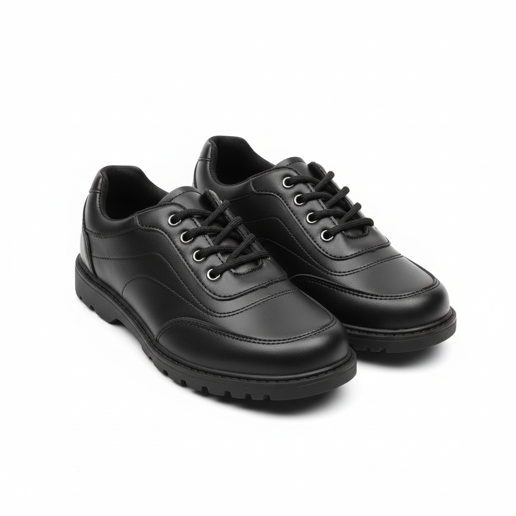 Kids all-black leather lace-up school shoes pair on white background