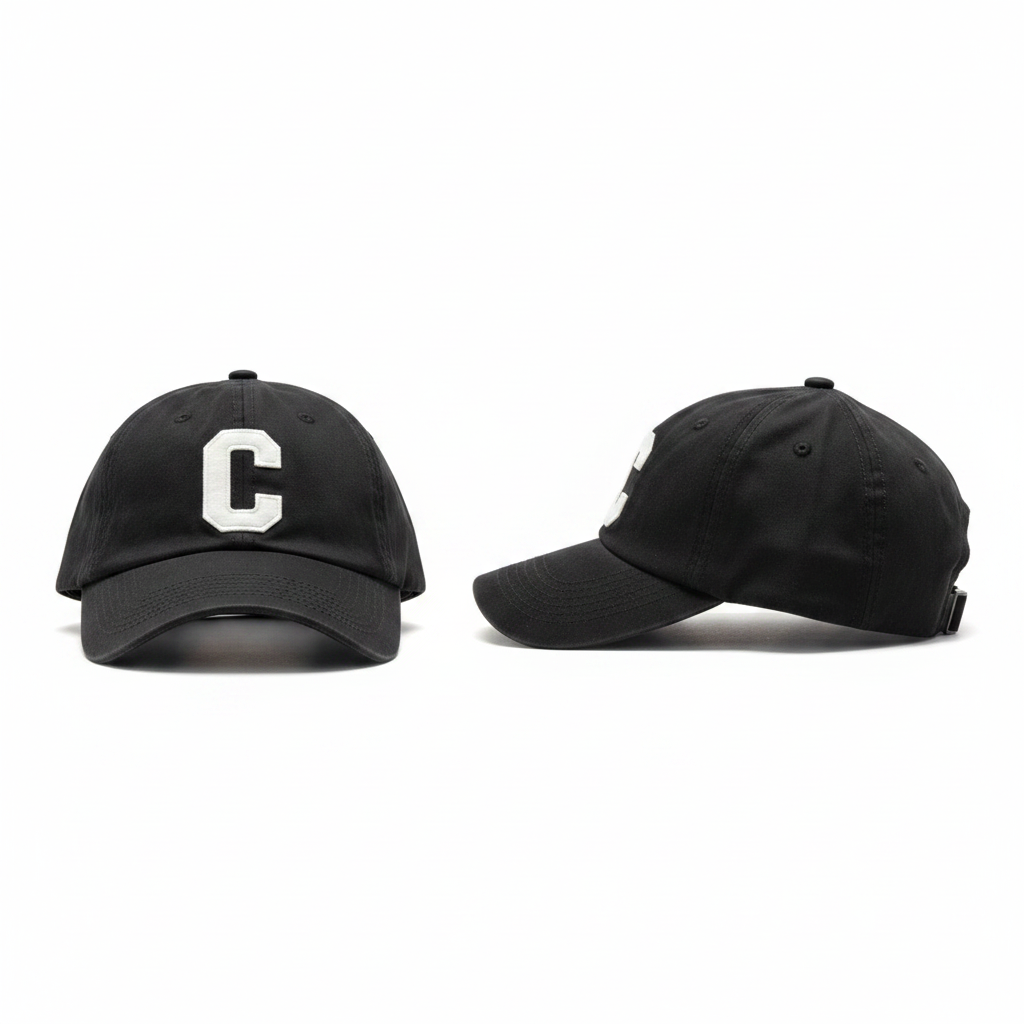 Black dark charcoal dad cap with white C letter patch ghost mannequin front and side view
