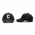 Black dark charcoal dad cap with white C letter patch ghost mannequin front and side view