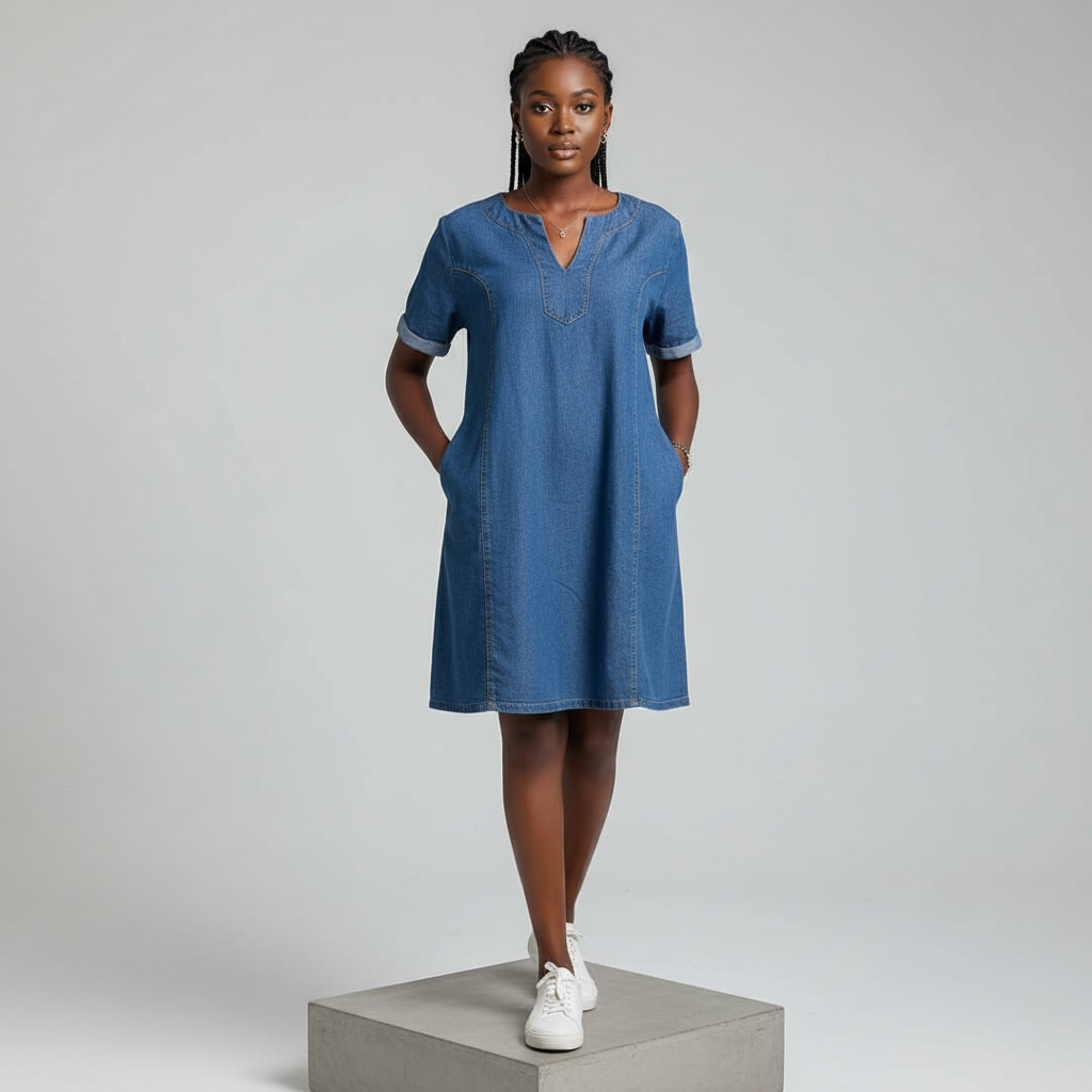 Blue Denim Mini Dress - Model Front View