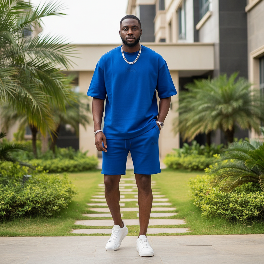 Nigerian male model wearing royal blue matching co-ord set outdoors
