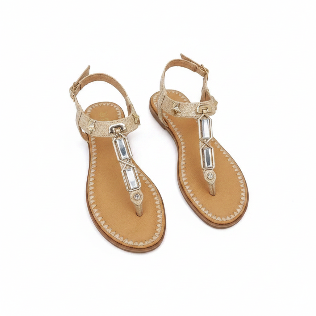 Women's Geometric Gem T-Strap Flat Thong Sandal - Beige Gold Ghost Mannequin