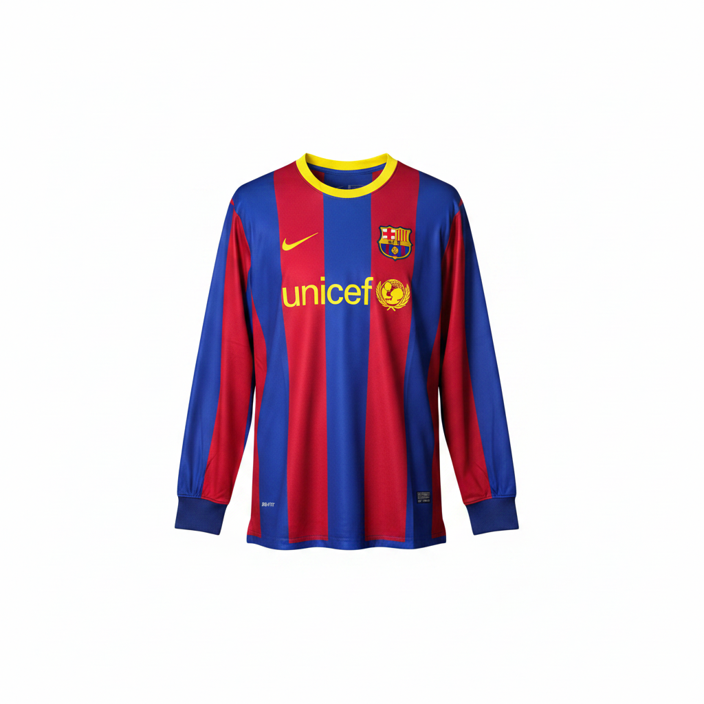 Blue and red striped long-sleeve retro football jersey with yellow collar — ghost mannequin front view