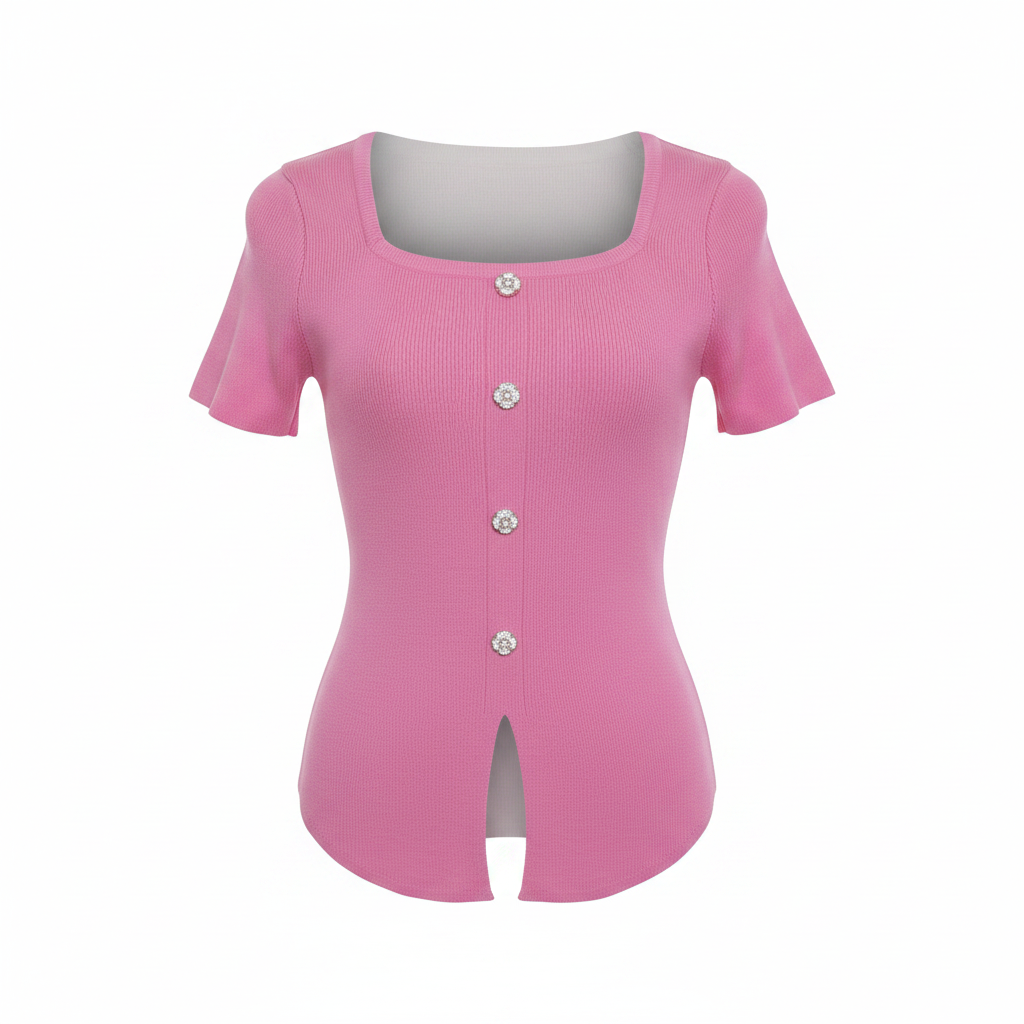 Pink Square Neck Button-Front Ribbed Blouse - Ghost Mannequin