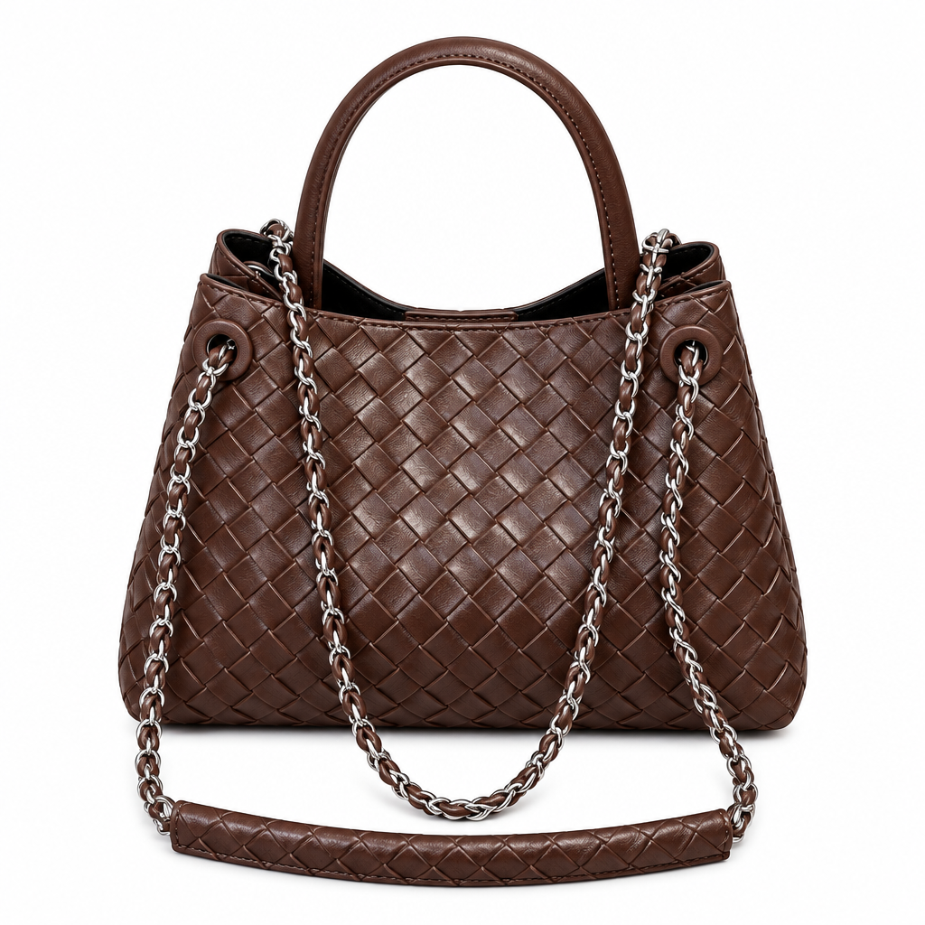 Brown woven one-size handbag with short top handle and chain strap on white
