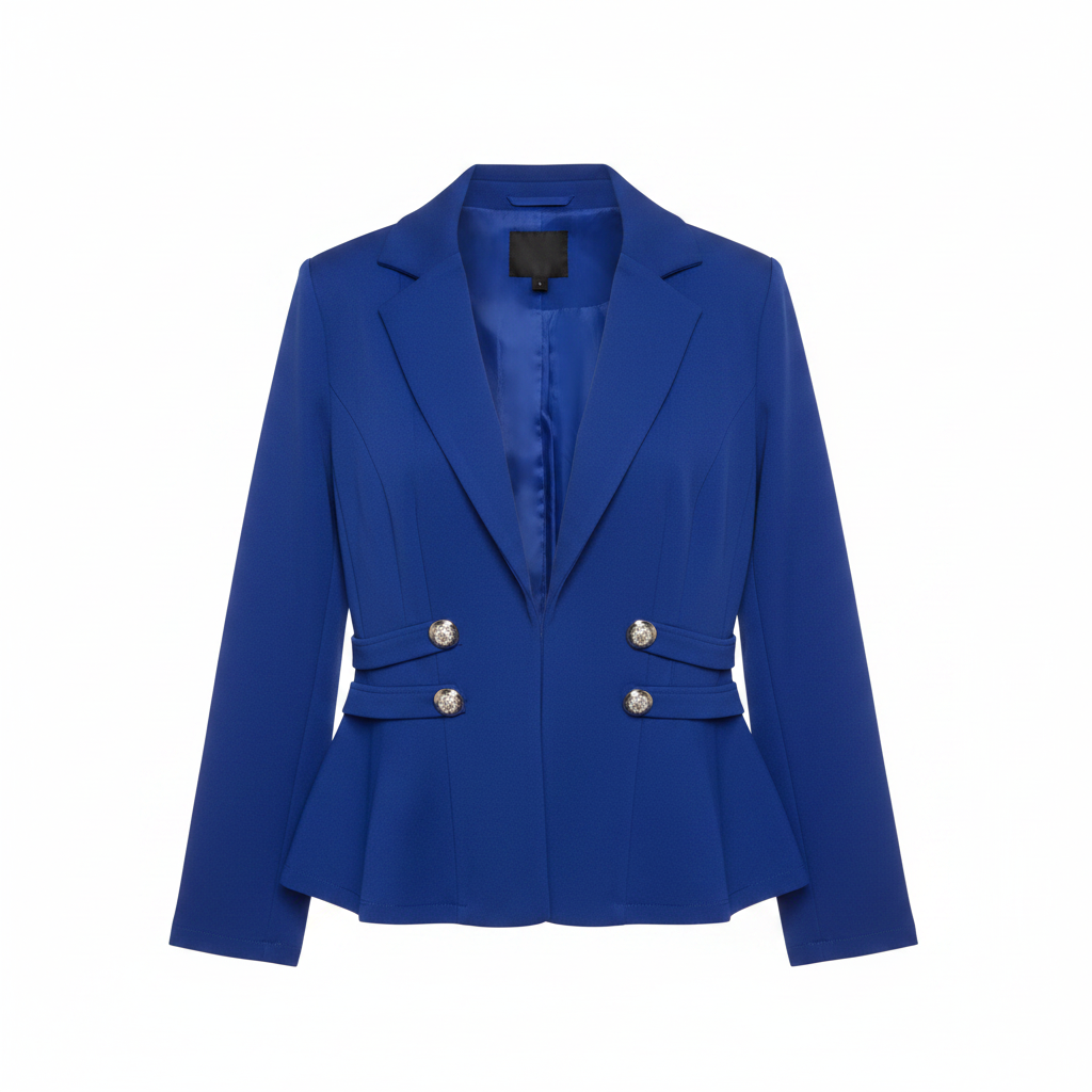 Royal Blue Cropped Long-Sleeve Peplum Blazer - Ghost Mannequin Front