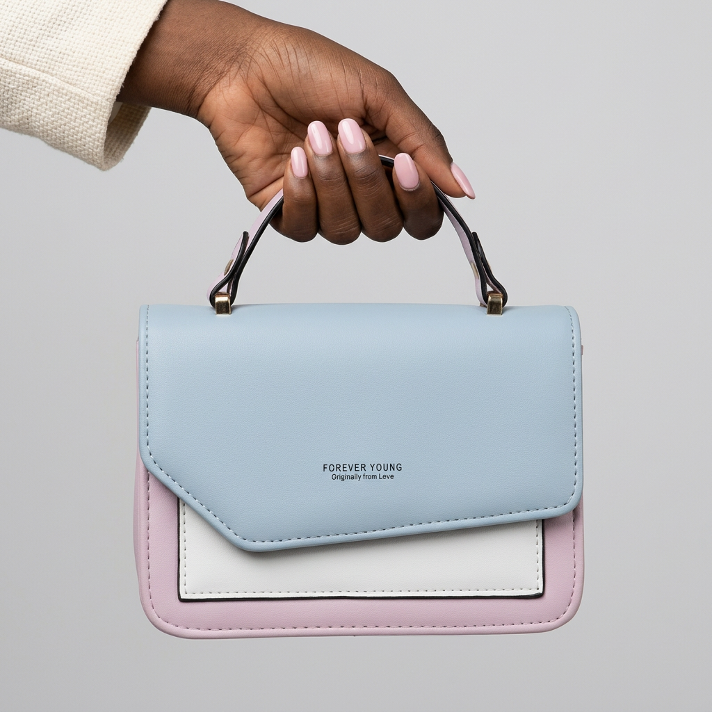 Manicured Black woman's hand holding powder-blue and lilac colour-block bag