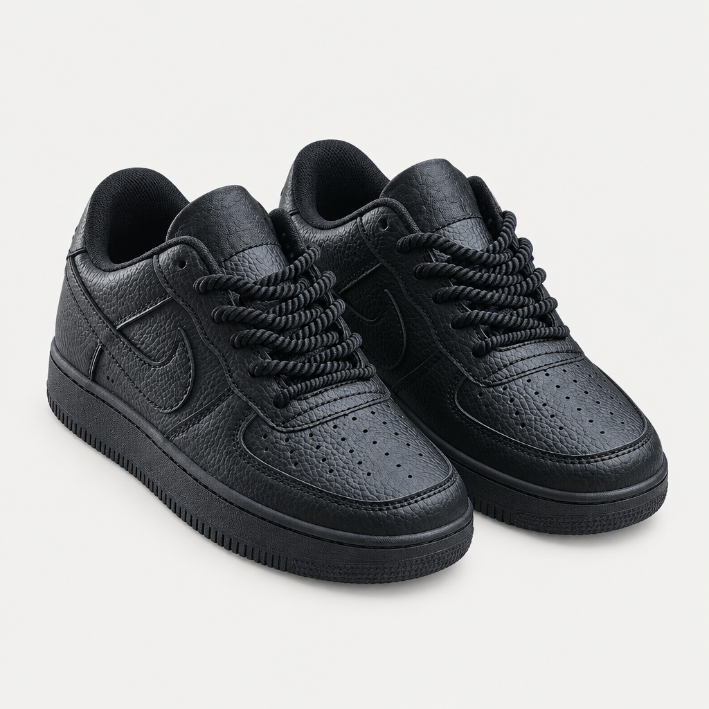 Pair of black textured low-top sneakers with rope laces and perforated toes