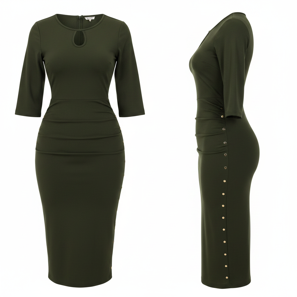 Women's Olive Green Keyhole Ruched Stud-Button Midi Dress – Ghost Mannequin Front and Side View