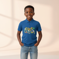 Nigerian boy model wearing blue Fact Check graphic polo shirt
