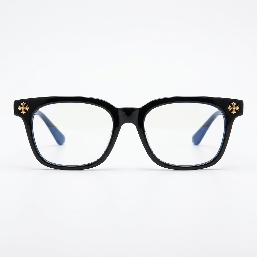 Black square glasses with gold-tone floral accents