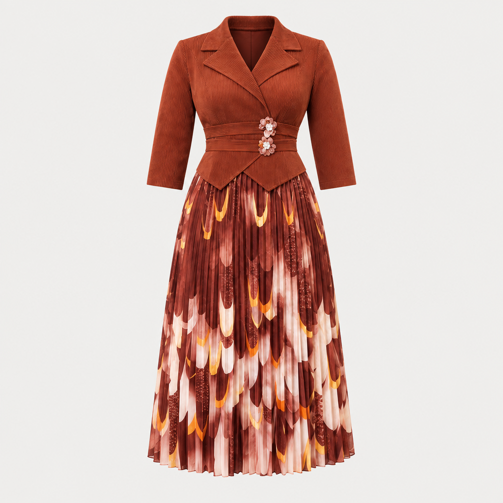 Ghost mannequin view of a rust pleated gown with floral waist accents and patterned skirt