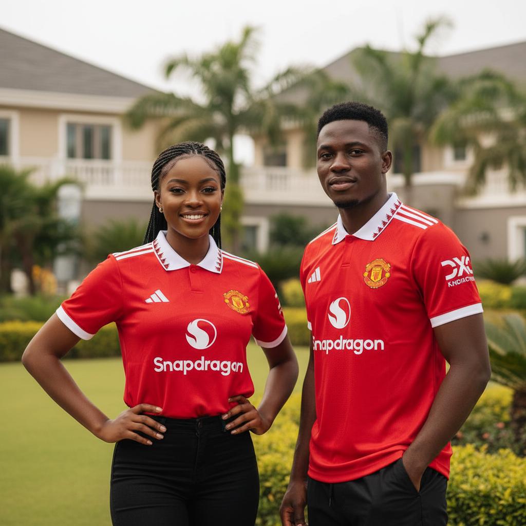 Nigerian female and male models wearing red polo collar football jersey