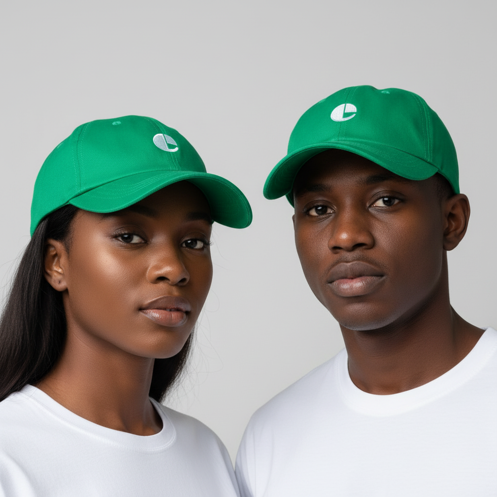 Nigerian female and male models wearing bright green baseball cap with white C logo circle patch