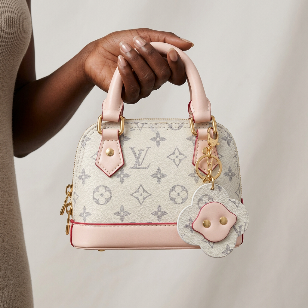 AI-generated hand-focused view of a white and grey patterned handbag with pink trim and flower pouch