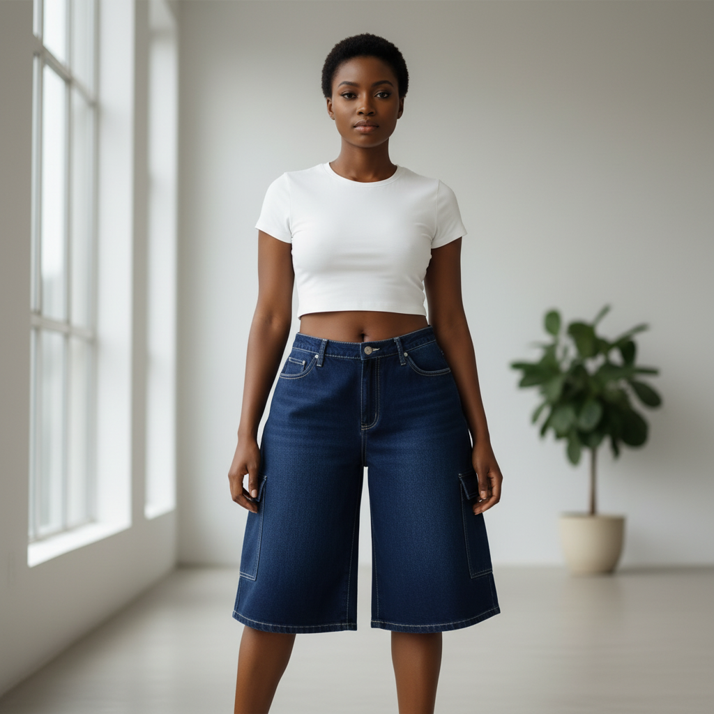 Navy cargo shorts front view on model