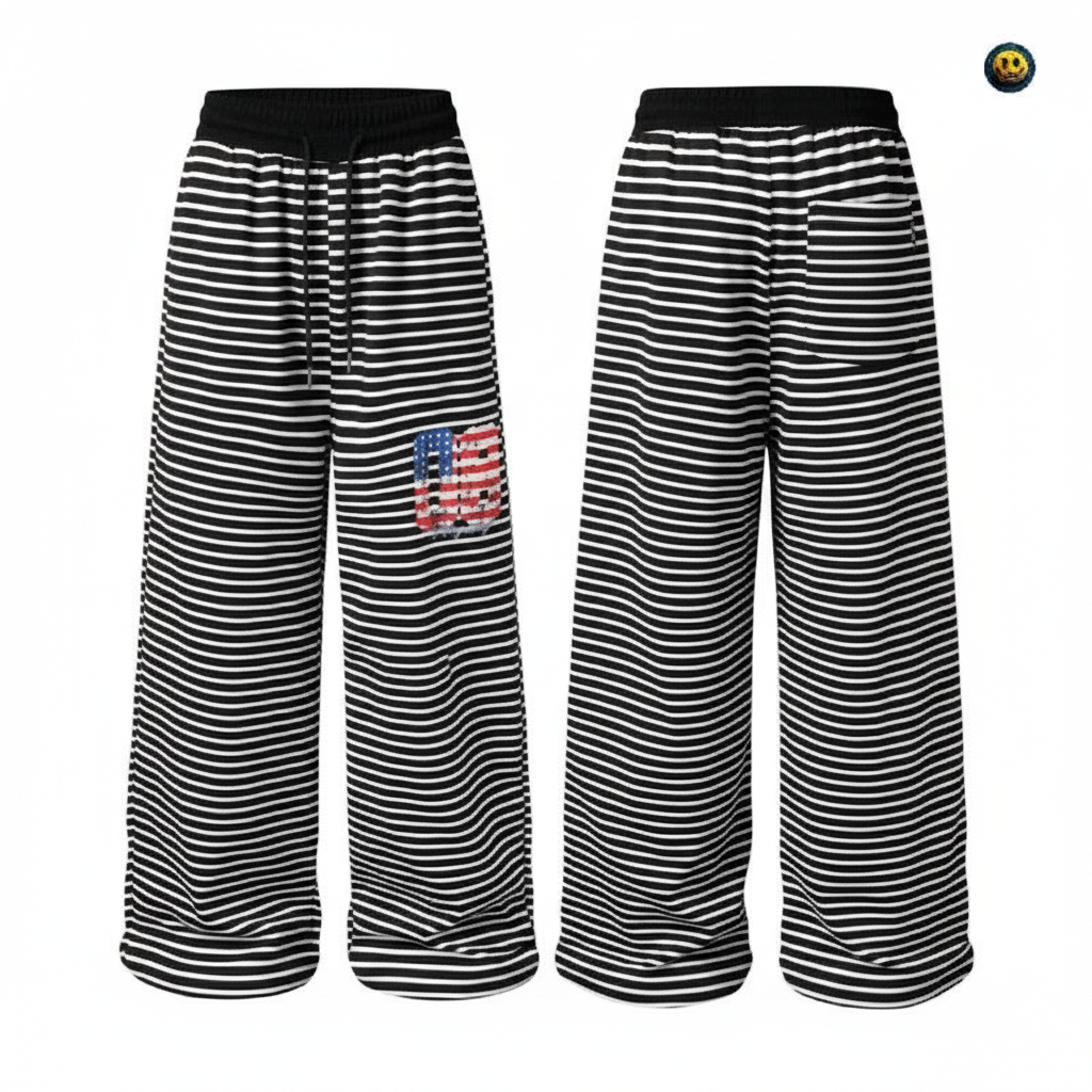 Men's black and white striped wide-leg sweatpants – ghost mannequin front view