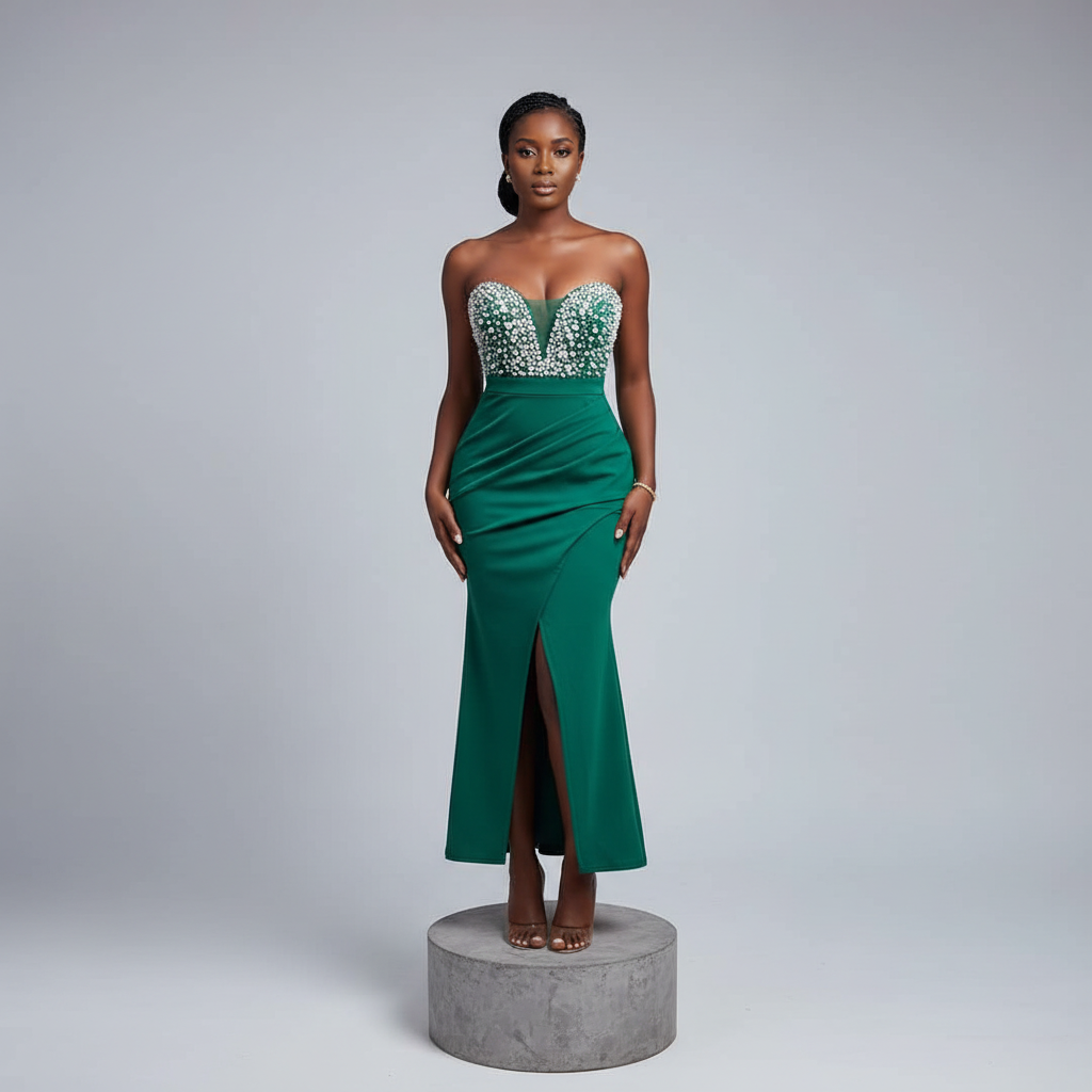 Emerald Green Pearl Strapless Midi Dress - Model Shot