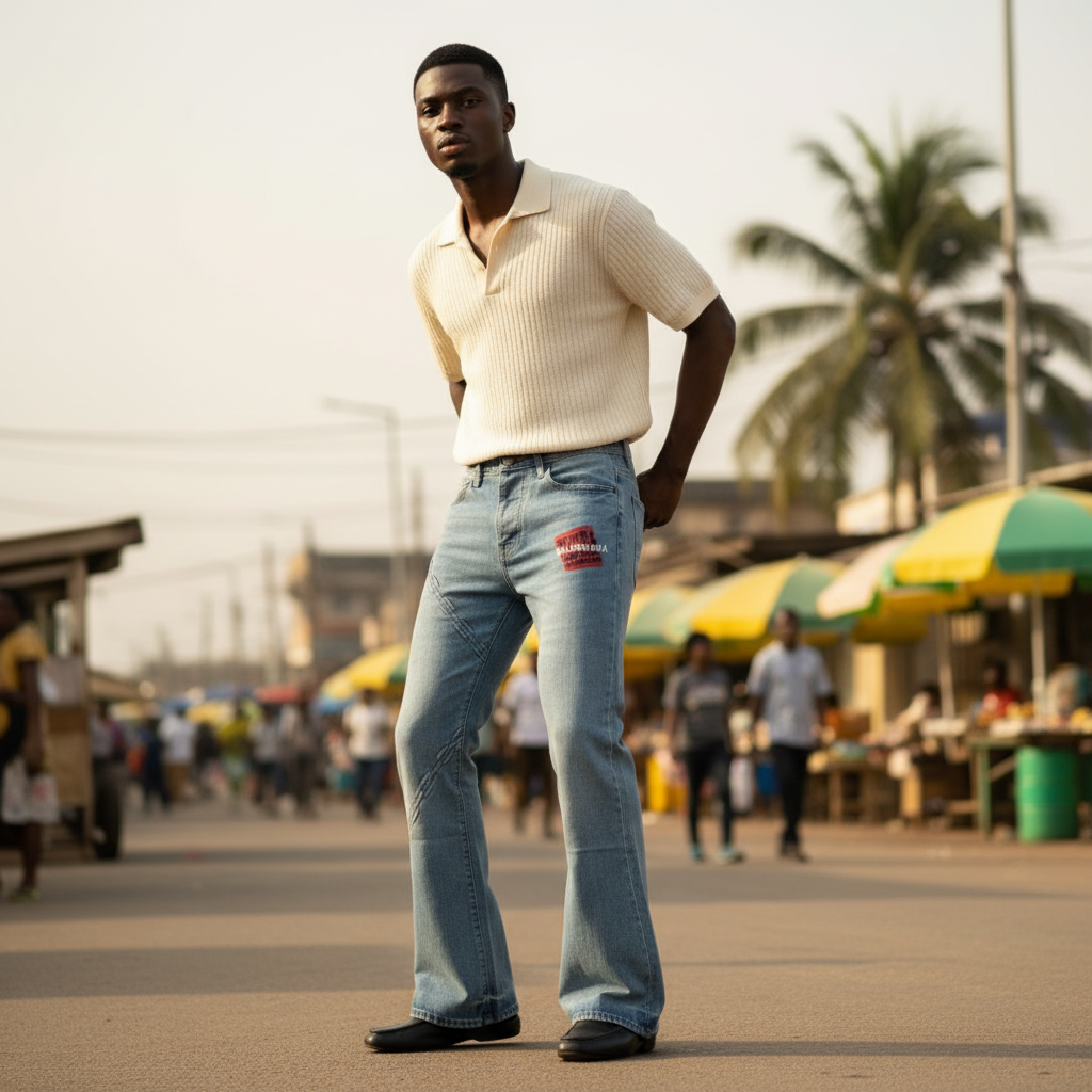 Nigerian model wearing Light Blue Washed Flare-Leg Diagonal Stitch Panel Red Logo Patch Jeans