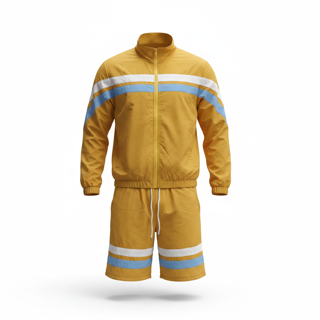 Ghost mannequin view of the mustard yellow jacket and shorts set
