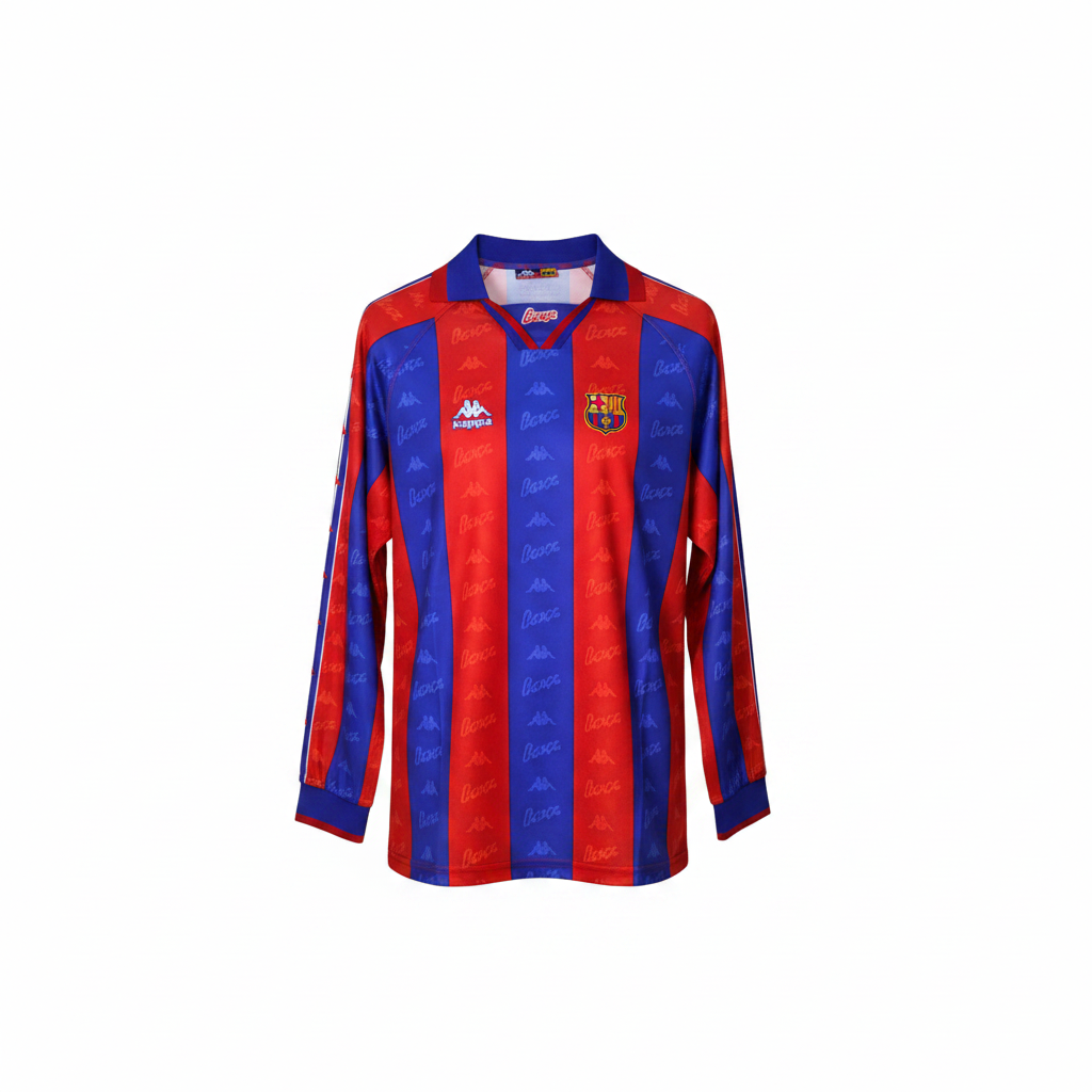 Blue and red striped all-over print long-sleeve retro football jersey — ghost mannequin front view