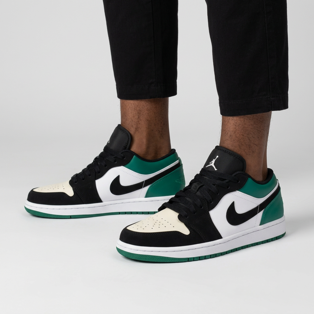 Male model wearing green contrast-panel sneakers with both shoes visible
