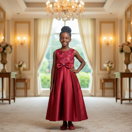 Children's Red Satin Graduation Dress – Model Shot