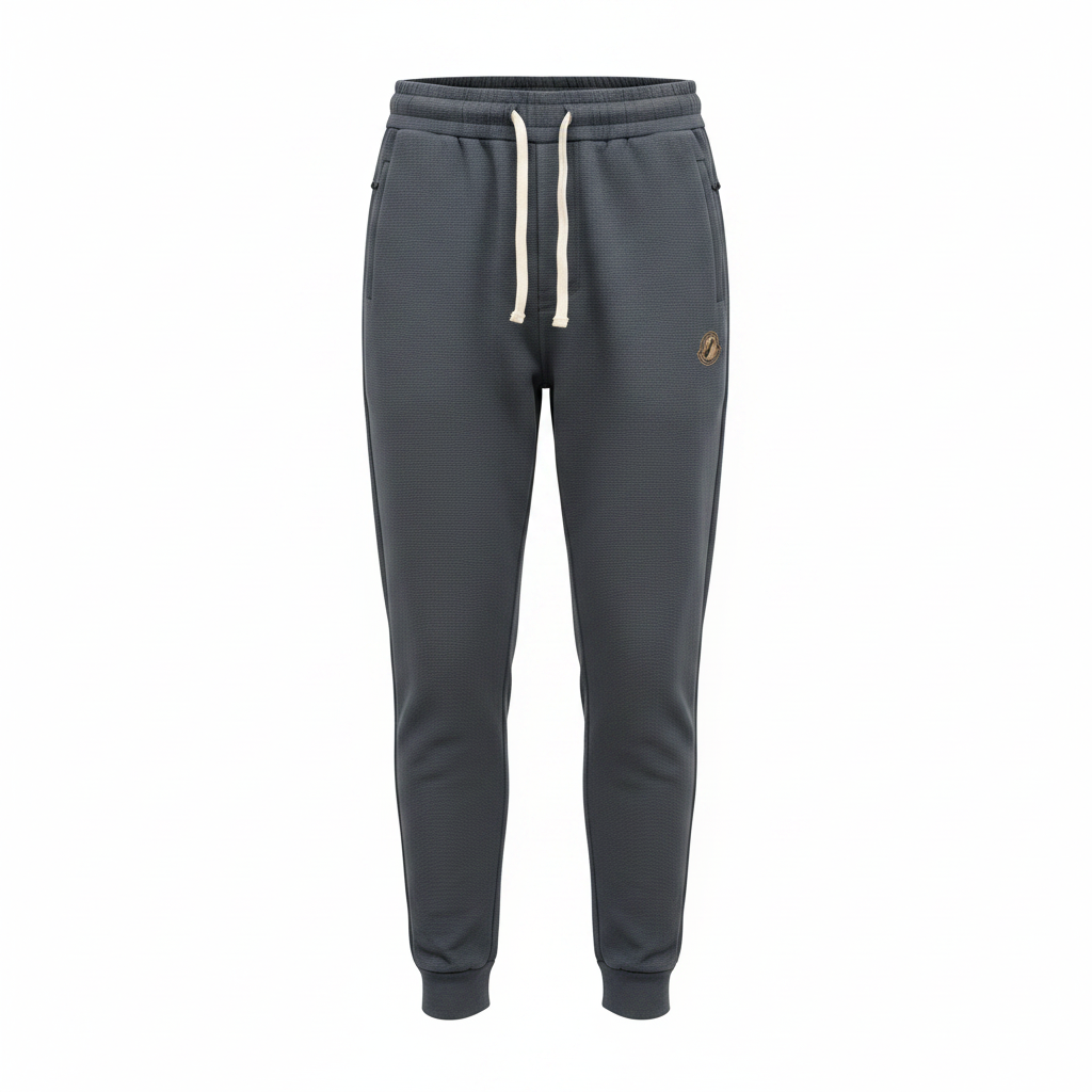Charcoal grey waffle-knit patch jogger pants ghost mannequin front view
