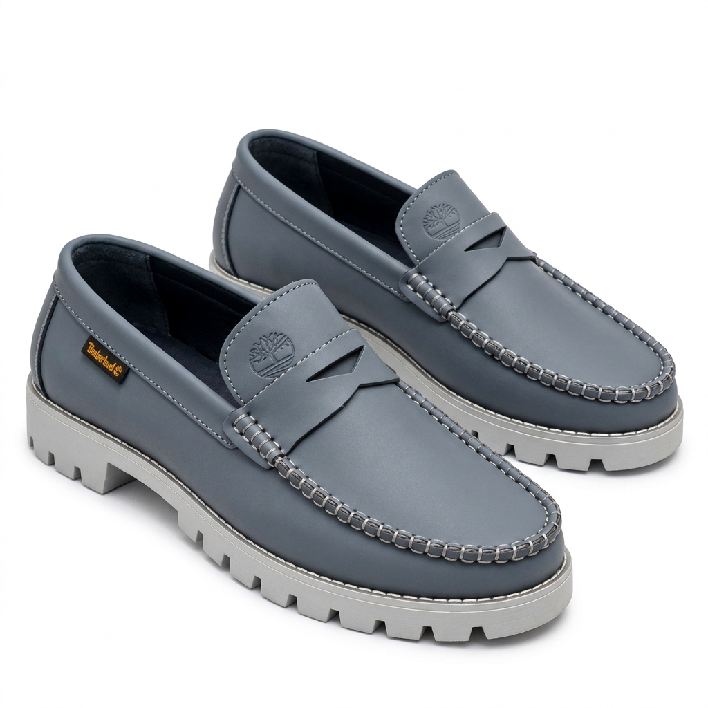 Pair of slate grey contrast-stitch penny loafers with light grey lug soles on a white background