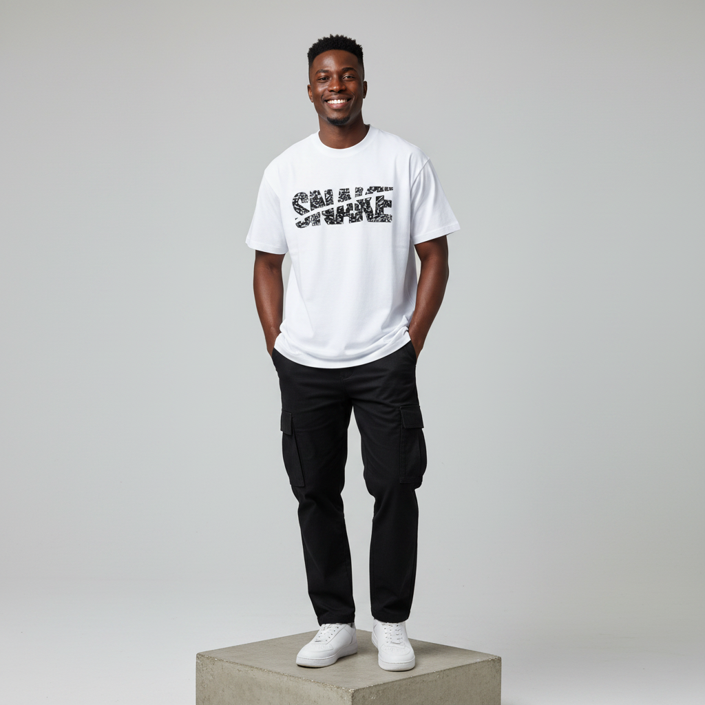White Snake Paisley Graphic Oversized Tee - Male Model Front