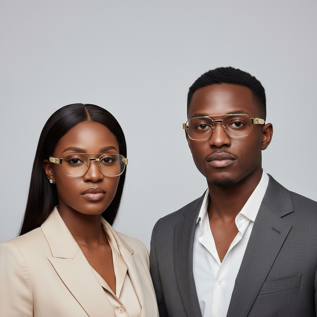 Nigerian female with sleek weavon and male model wearing rectangular gold double bridge fashion glasses with clear lens – editorial medium shot professional grey background