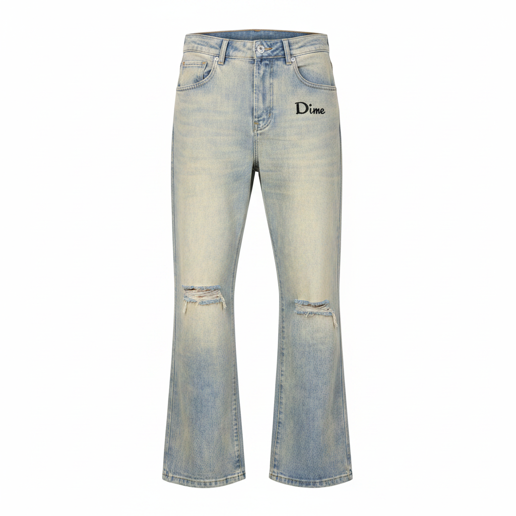 Men's Light Blue Washed Flared Distressed Denim Jeans – Ghost Mannequin Front View