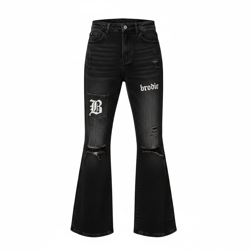 Men's black distressed flare jeans with gothic patch – ghost mannequin front view